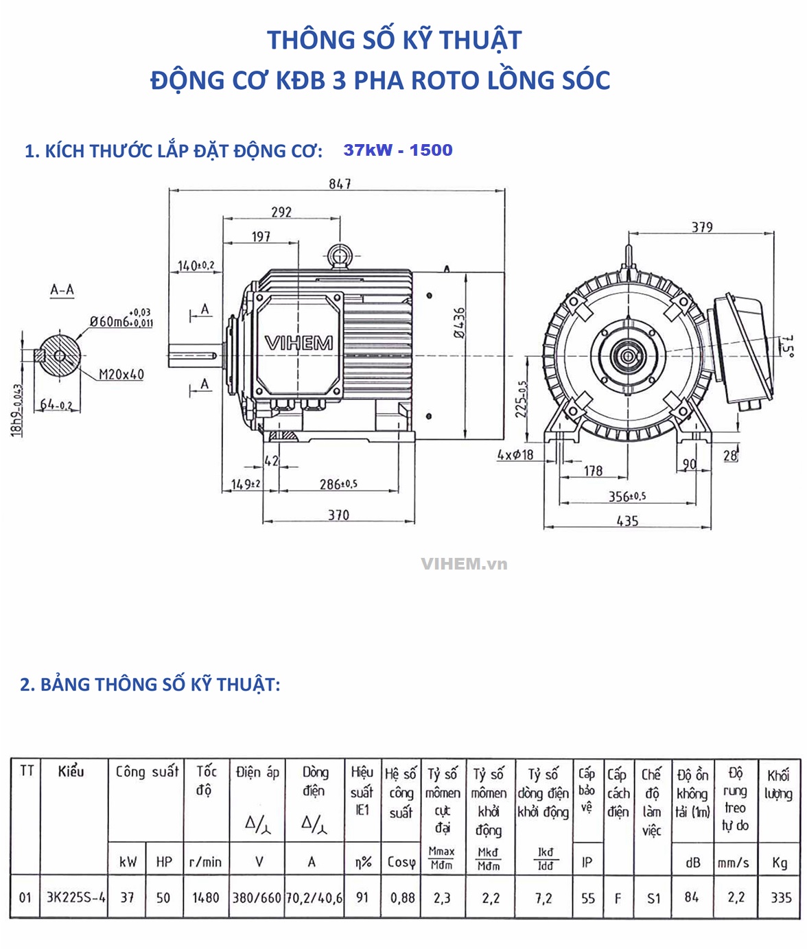 Bản vẽ kích thước lắp đặt và thông số điện Motor điện 37kW - 4P - (1480~1500) - 380V - 50Hz - B3
