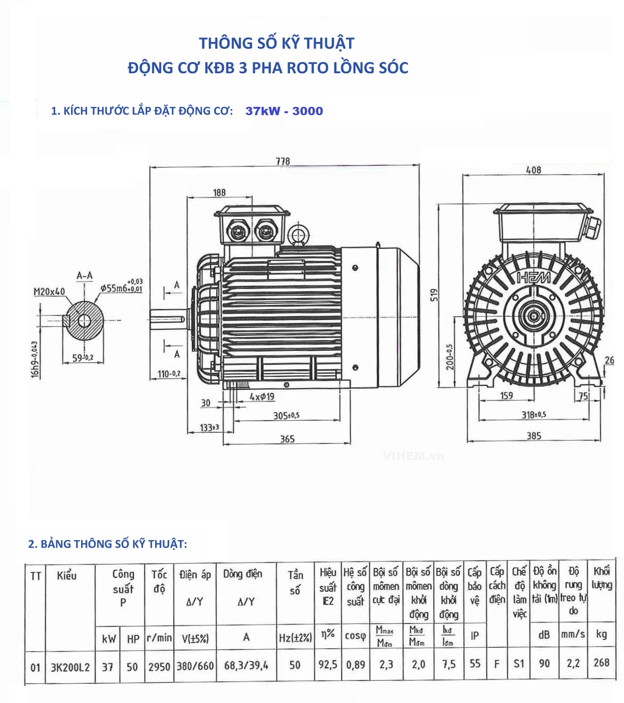 Bản vẽ lắp đặt và thông số kỹ thuật điện Motor điện 37kW tốc độ 2950 r/min 2 cực