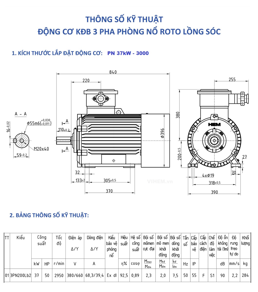Động cơ phòng nổ 37kW tốc độ 2950 r/min 2 cực