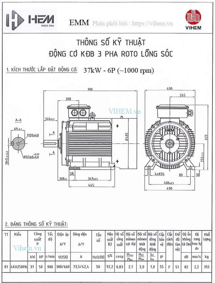 Bản vẽ kỹ thuật & thông số lắp đặt Motor điện 37kW - 6P (tốc độ 980 ~1000 r/min) HEM VIHEM