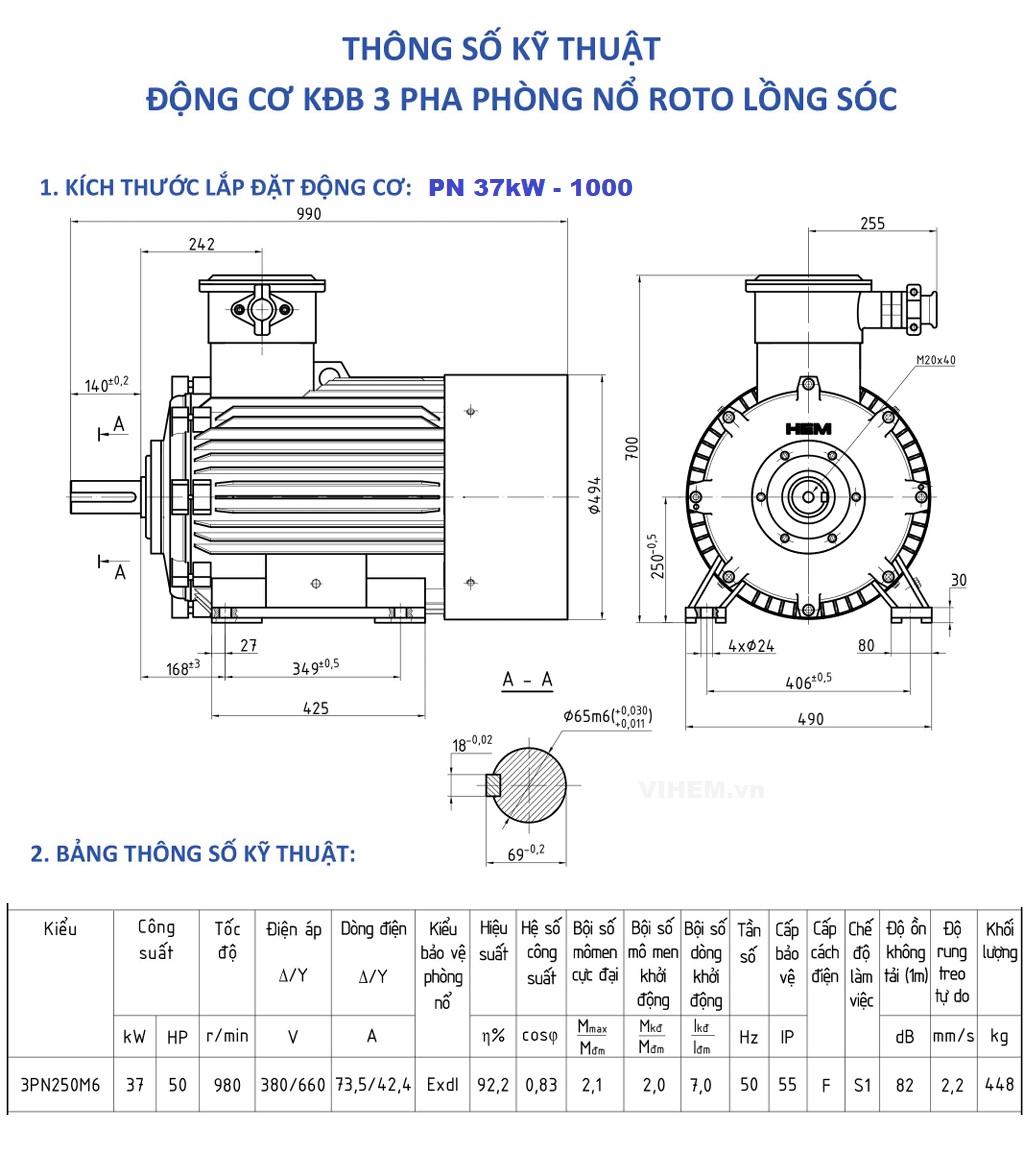 motor điện phòng nổ 37kW 50hp tốc độ 980r/min 6p