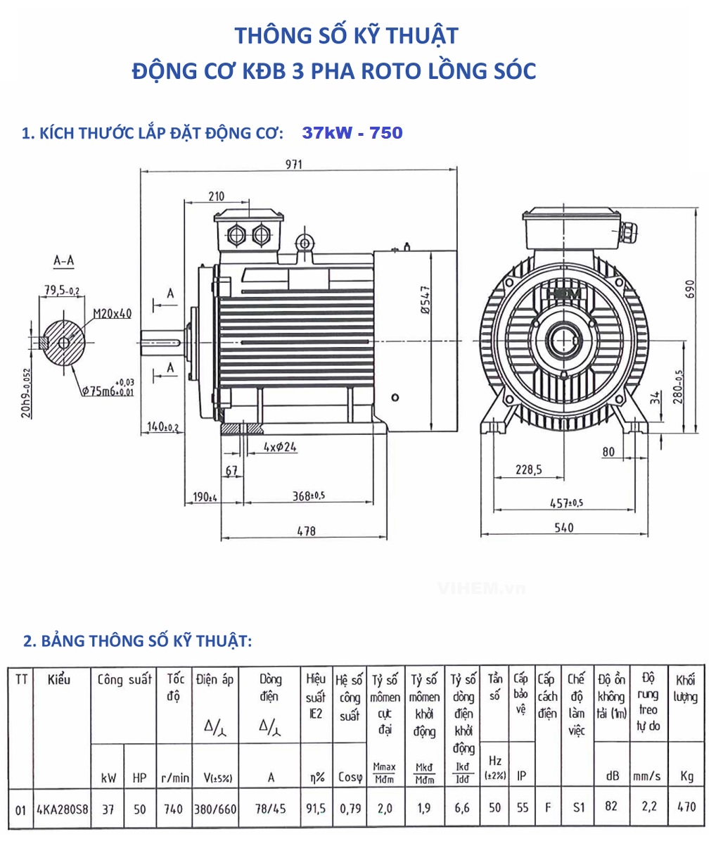 Bản vẽ lắp đặt và thông số điện motor 37kW - 750 r/min 4KA280S8