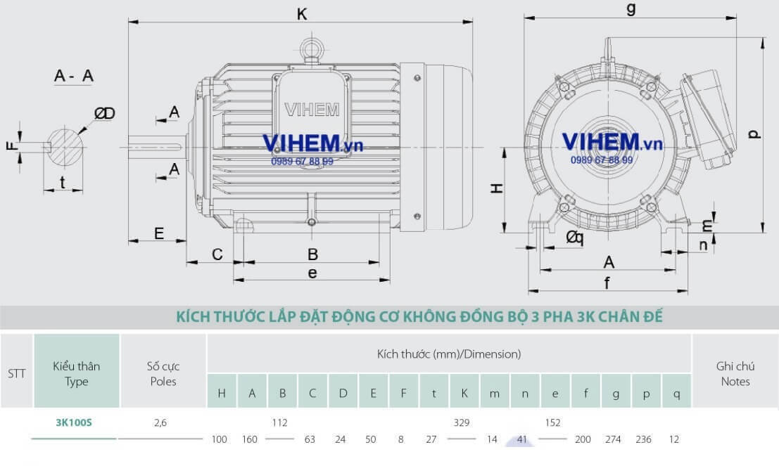 Động cơ 3 điện 3 pha 2,2kW (3HP) tốc độ 2860 (3000) r/min (2P) HEM - VIHEM (Việt Hung) điện cơ Hà Nội