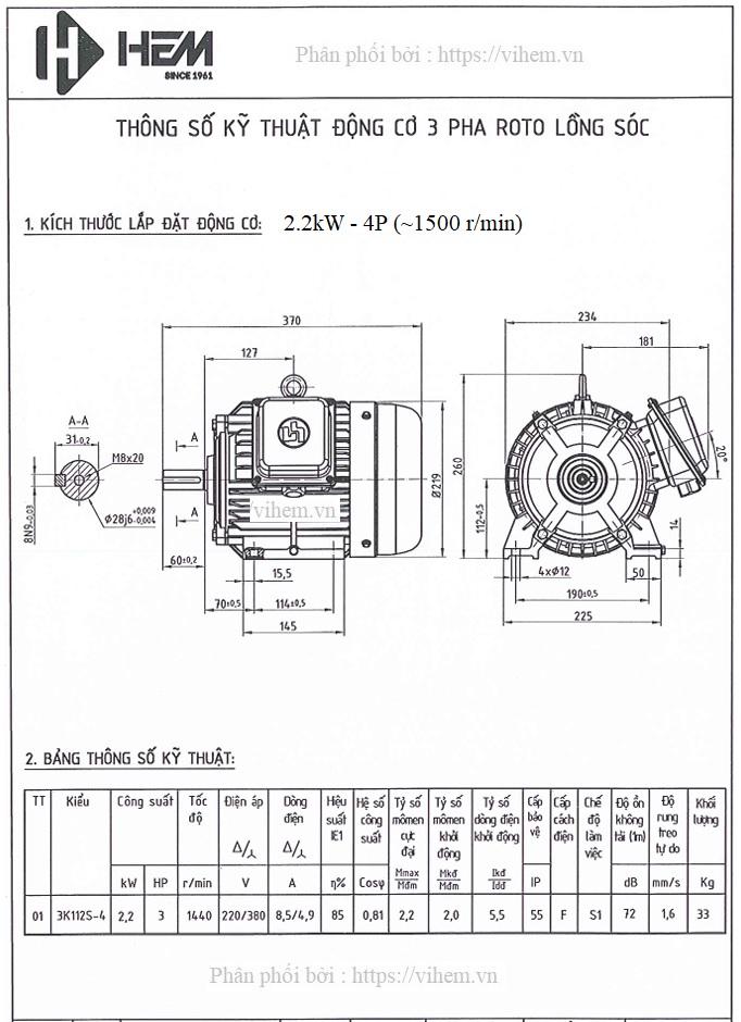 Động cơ HEM 2,2kW 3HP tốc độ 1440 (1500) r/min 4p VIHEM (Việt Hung) điện cơ Hà Nội