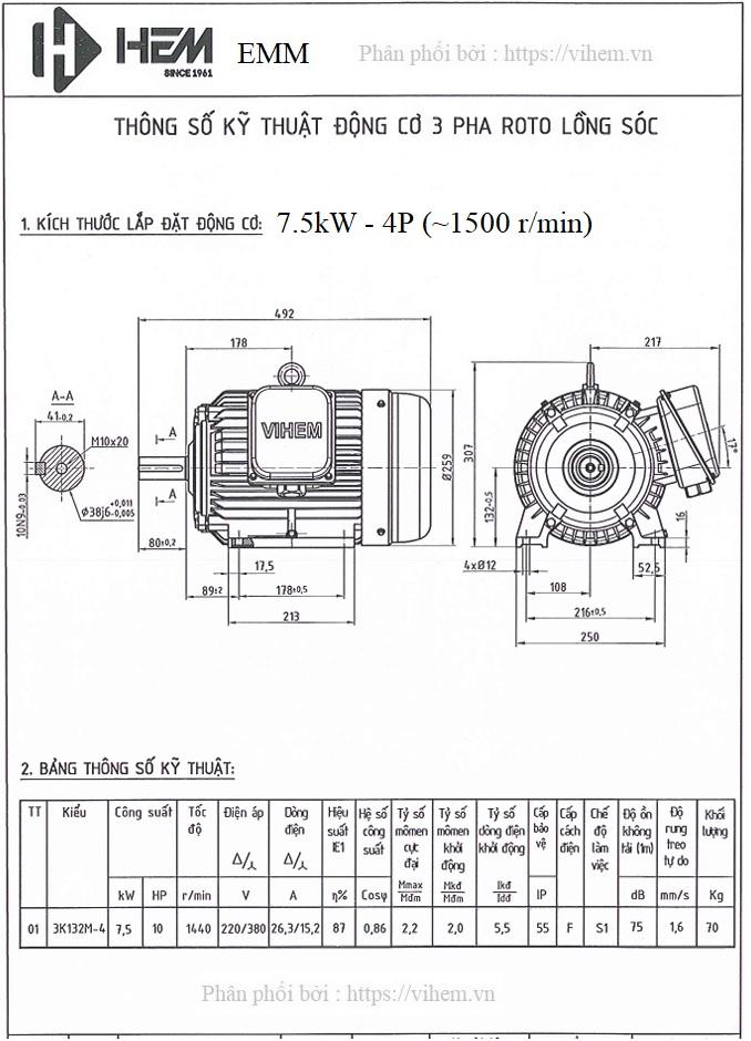 Bản vẽ kỹ thuật Motor điện VIHEM 7,5kW - 4P tốc độ 1460 (1500) r/min 