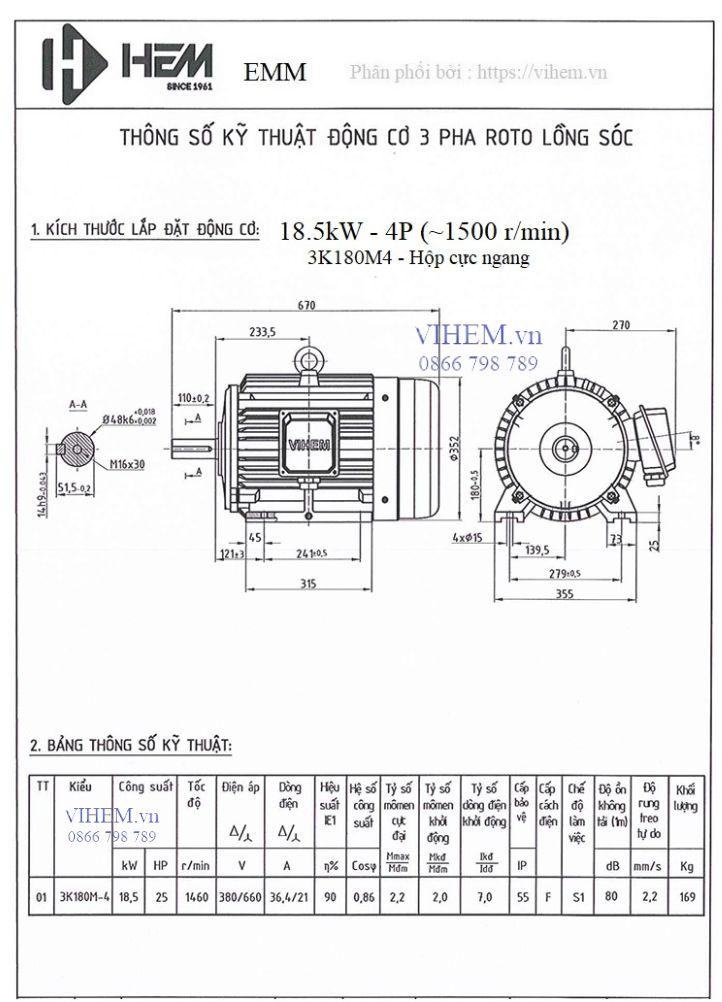 Bản vẽ kỹ thuật Động cơ 3 pha 18.5kW (25HP) tốc độ 1460 (1500) r/min (dòng 3K hộp cực ngang của HEM motor - thiết kế đời Việt Nam - Hungari