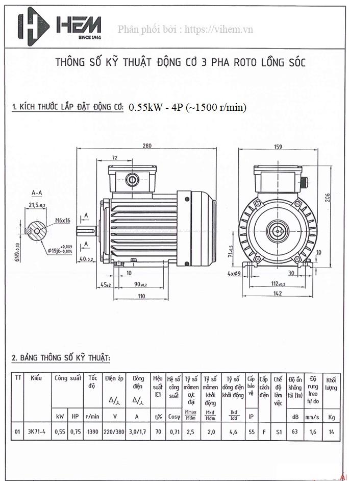 Động cơ điện 3 pha 0.55kW (0.5HP) tốc độ 1390 (1500) r/min 4 điện cực HEM VIHEM (Việt Hung) điện cơ Hà Nội