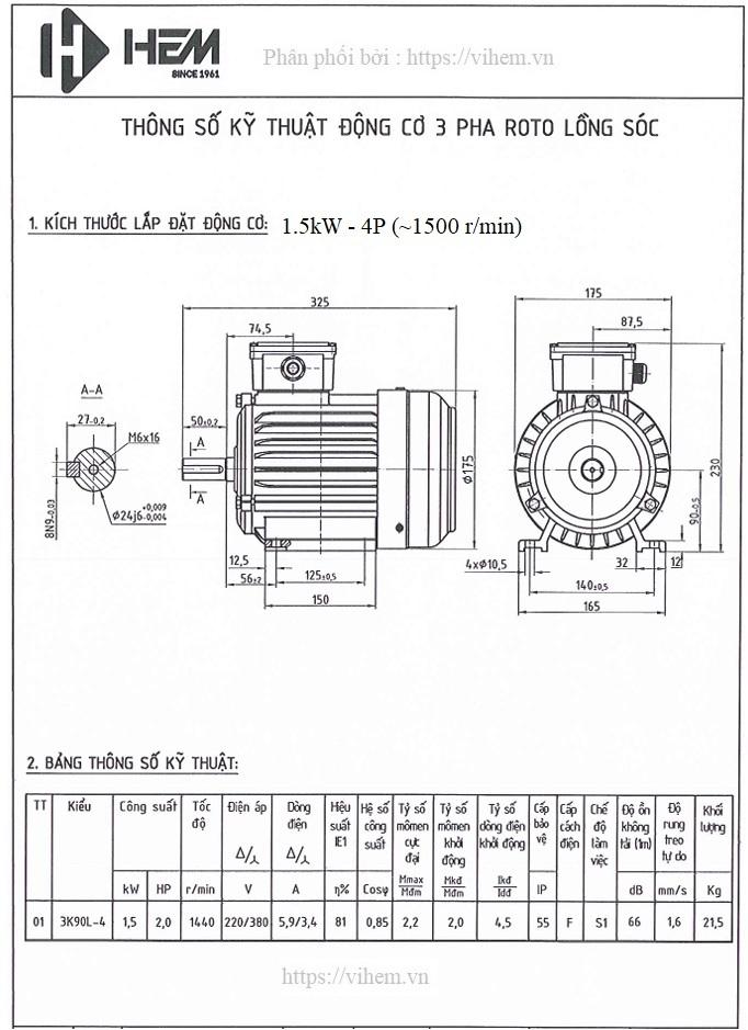 Động cơ điện 3 pha 1.5kW (2HP) tốc độ 1440 (1500) r/min 4 điện cực HEM VIHEM (Việt Hung) điện cơ Hà Nội