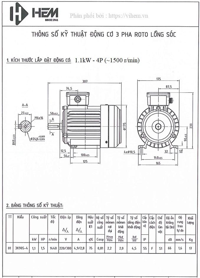 Động cơ điện 3 pha 1.1kW (1.5HP) tốc độ 1440 (1500) r/min 4 điện cực HEM VIHEM (Việt Hung) điện cơ Hà Nội