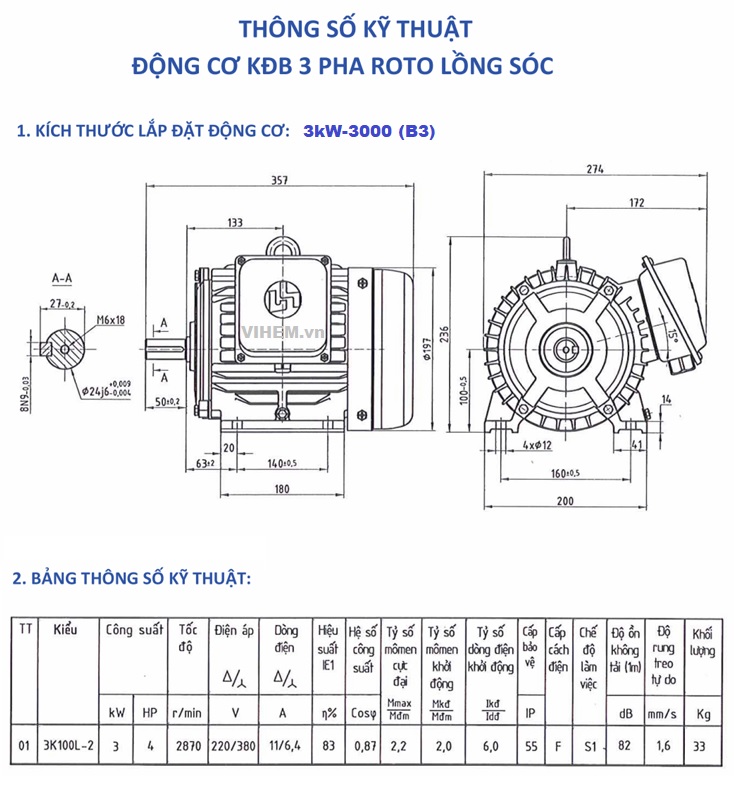 Bản vẽ kỹ thuật motor 3kW - 3000 (3K100L2) Hem Vihem