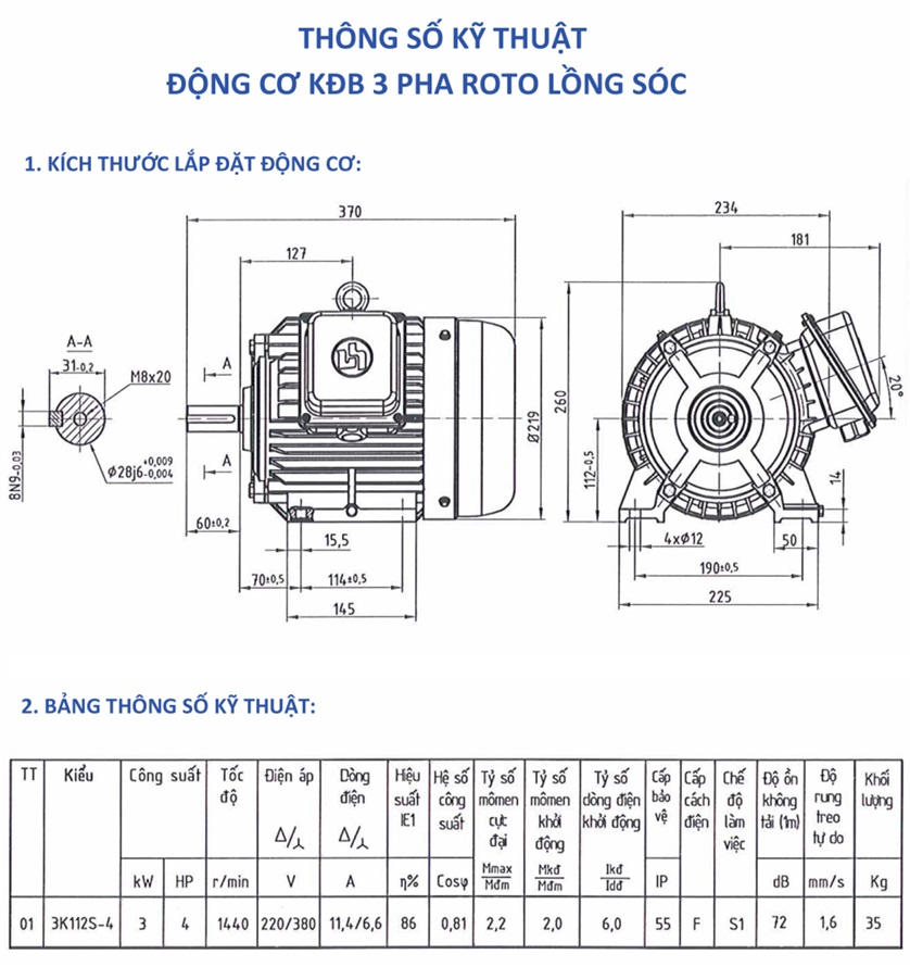 Motor điện HEM VIHEM 3kW tốc độ 1440 r/min 4 cực