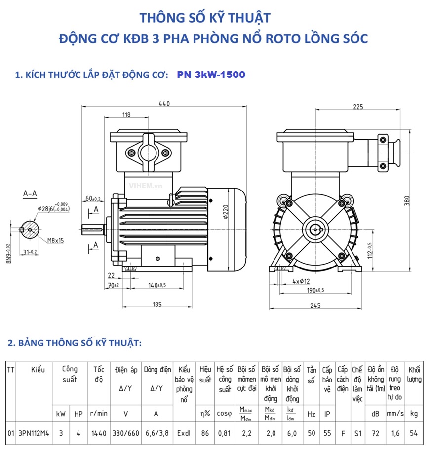 Kích thước lắp đặt motor chống cháy nổ 3kW-1500-3PN112M4 Hem Vihem
