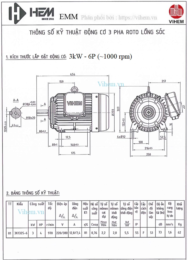 Bản vẽ lắp đặt Mô tơ điện 3kW - 6P ( tốc độ 970 - 1000 r/min ) 