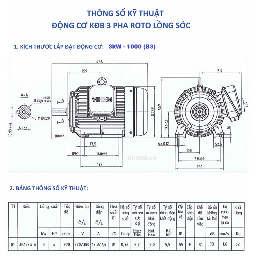 Bản vẽ lắp đặt Mô tơ điện 3kW - 6P ( tốc độ 970 - 1000 r/min ) 