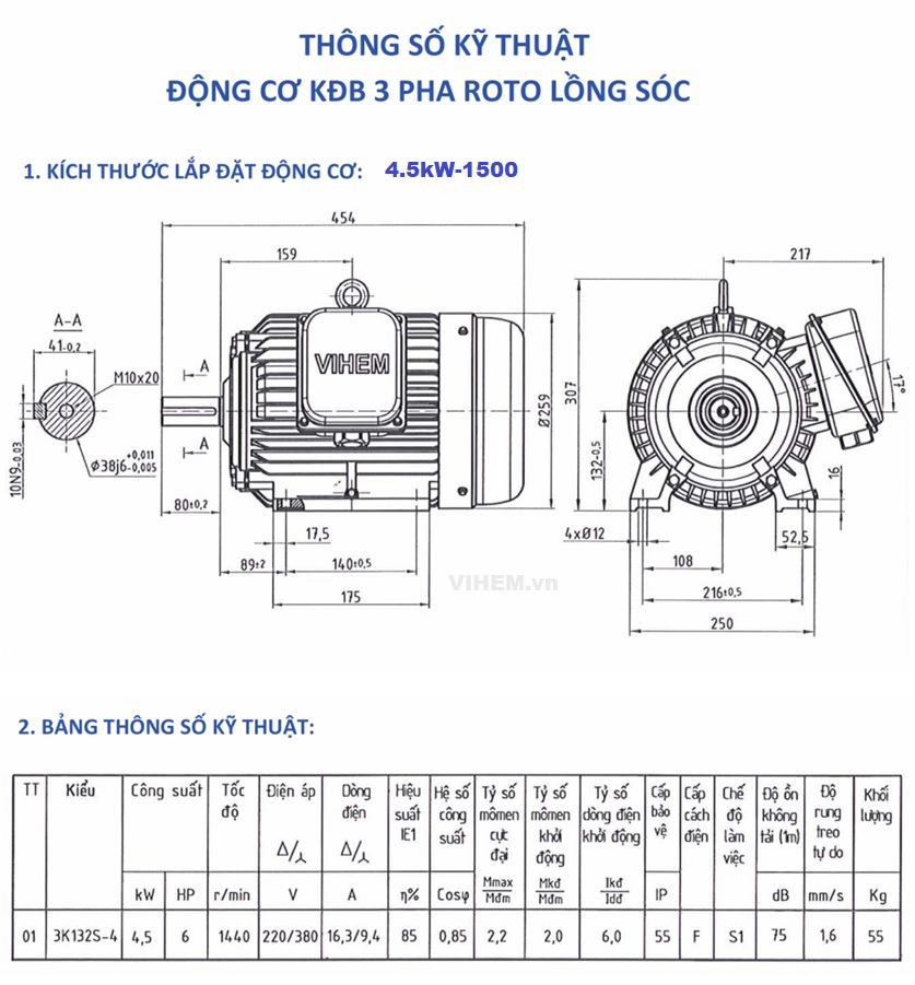 Motor điện 4.5kW tốc độ 1440 (1500) r/min 4p