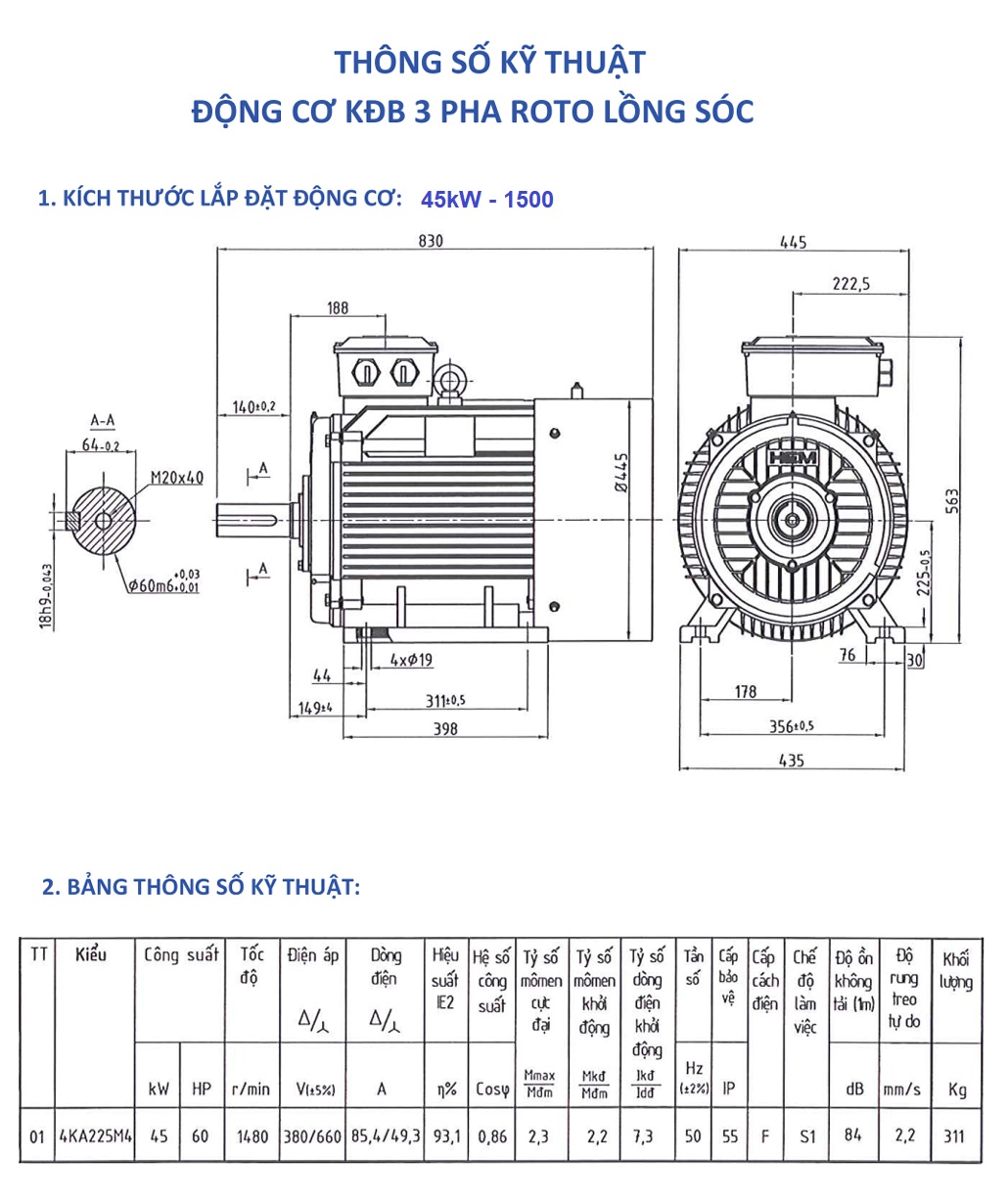 Bản vẽ lắp đặt Motor điện 45kW (60HP) - 4P tốc độ 1500 r/min 