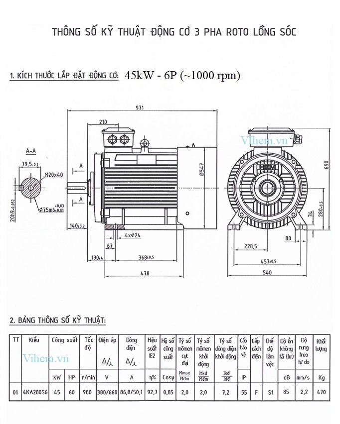 Thông số kỹ thuật & kích thước lắp đặt Motor điện 45kW (60HP) - 6P (tốc độ 980 ~ 1000 r/min)