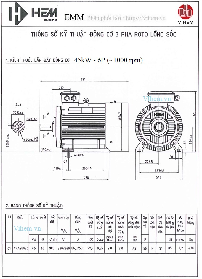 Thông số kỹ thuật & kích thước lắp đặt Motor điện 45kW (60HP) - 6P (tốc độ 980 ~ 1000 r/min)