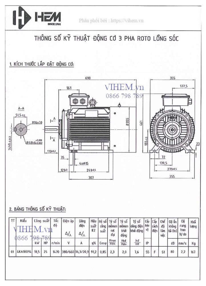 Bản vẽ kỹ thuật Động cơ 3 pha 18.5kW (25HP) tốc độ 1470 (1500) r/min (4 cực)