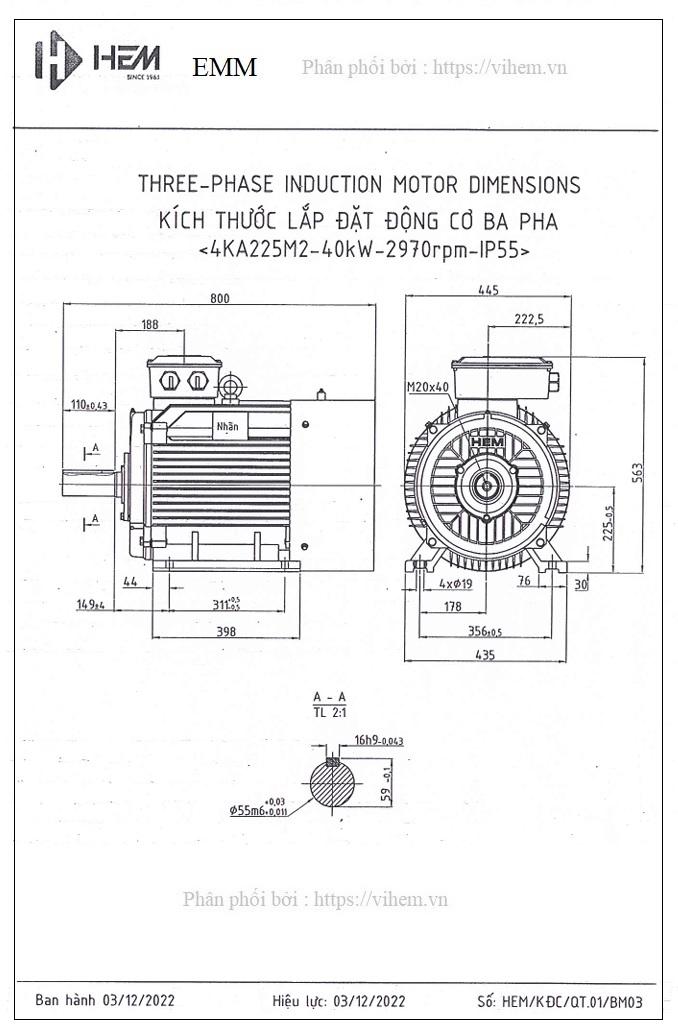Bản vẽ kỹ thuật Motor 40kW - 2P (vòng tua ~3000 r/min) HEM EMM