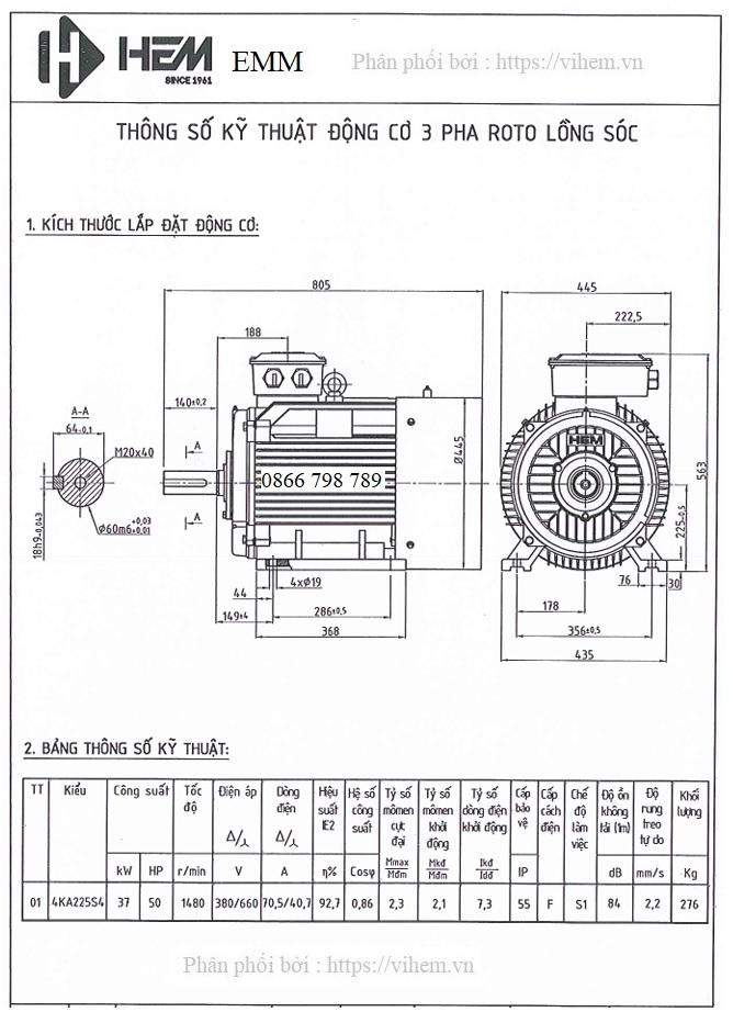 Bản vẽ kích thước lắp đặt motor 37kW - 4P 4KA225S4 HEM EMM sản xuất