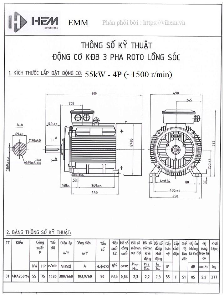 Bản vẽ kỹ thuật Motor 55kW - 4P (tốc độ ~1500 r/min) HEM EMM