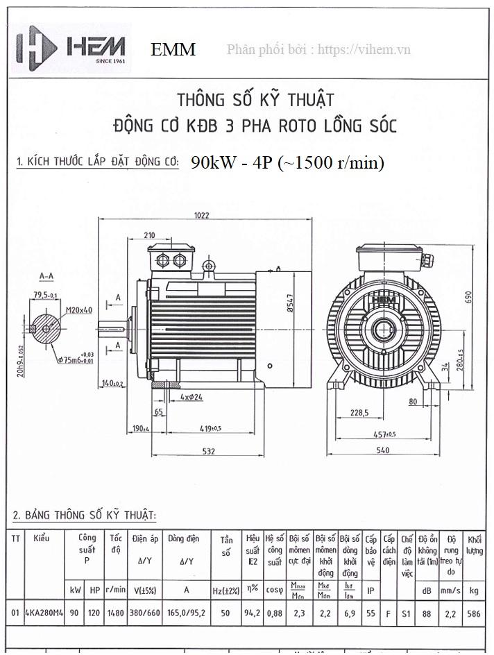 Bản vẽ kỹ thuật động cơ 3 pha 90kW - 4P (tốc độ ~1500 r/min) 