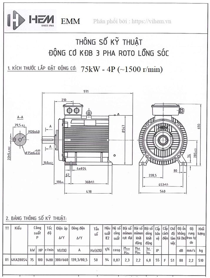 Bản vẽ kỹ thuật Động cơ điện 75kW - 4P tốc độ ~ 1500 r/min) HEM EMM
