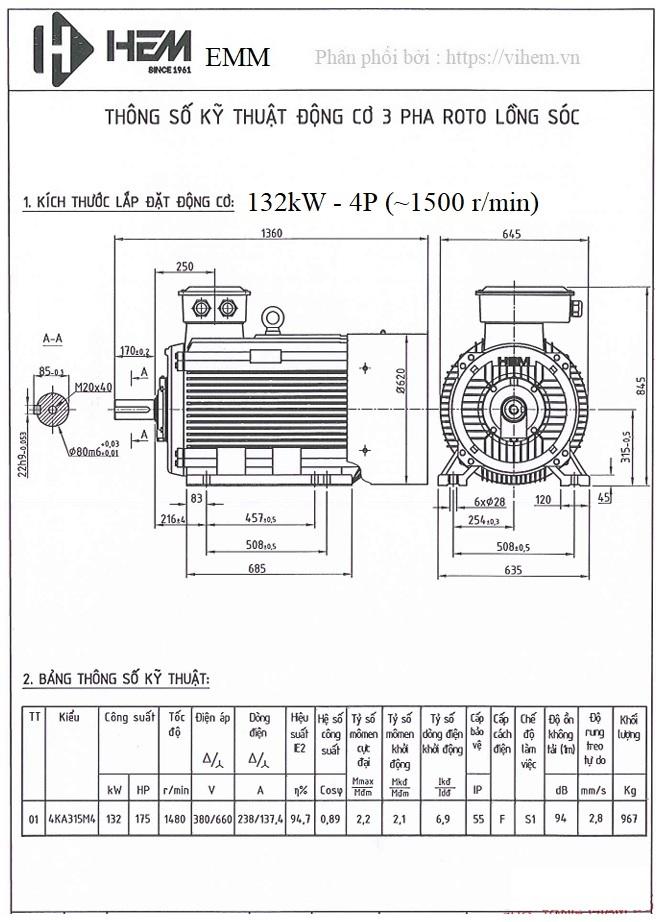 Bản vẽ kỹ thuật Motor điện 132kW - 4P (tốc độ 1480 - 1500 r/min) 4 cực