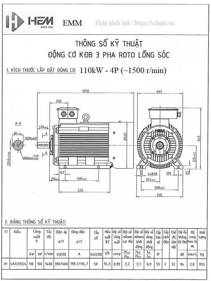 Bản vẽ kỹ thuật Động cơ điện 110kW - 4P - (tốc độ ~1500 r/min ) HEM EMM 