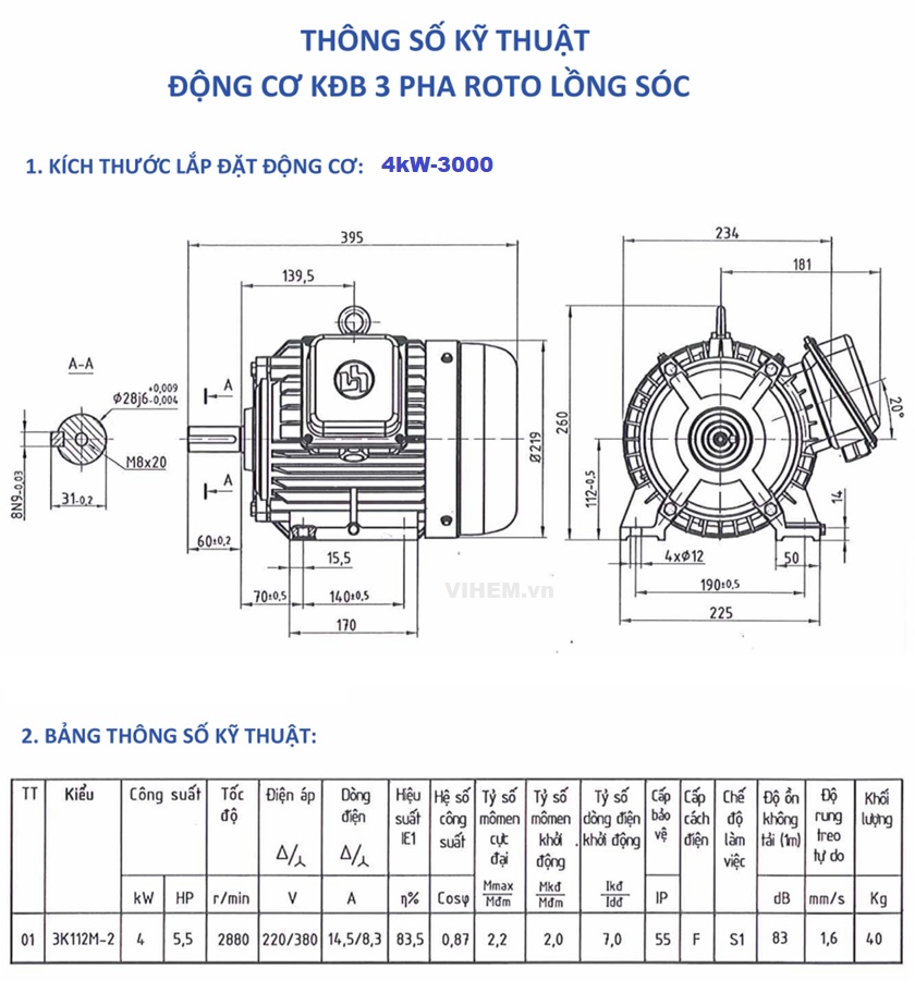 Mô tơ điện 4kW 5.5hp tốc độ 2890 (3000) r/min 2p