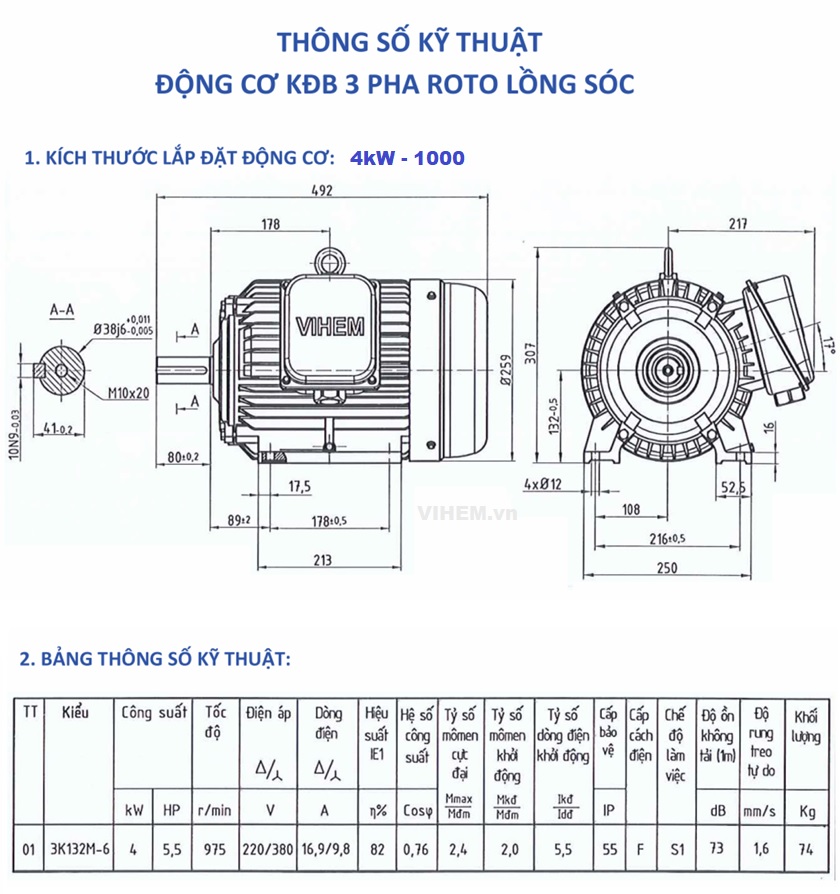 Động cơ điện 4kW (5,5HP) - 6P (tốc độ 975 - 1000 r/min)