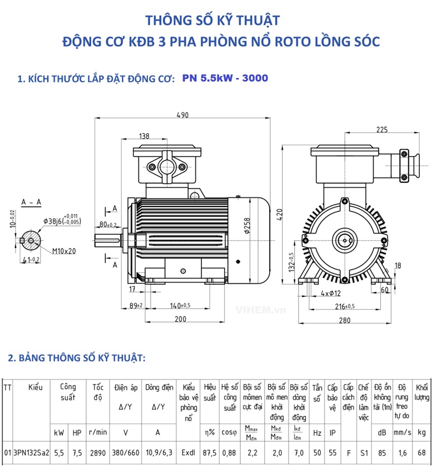 Động cơ phòng nổ 3 pha 5,5kW tốc độ 2890 r/min 2 cực