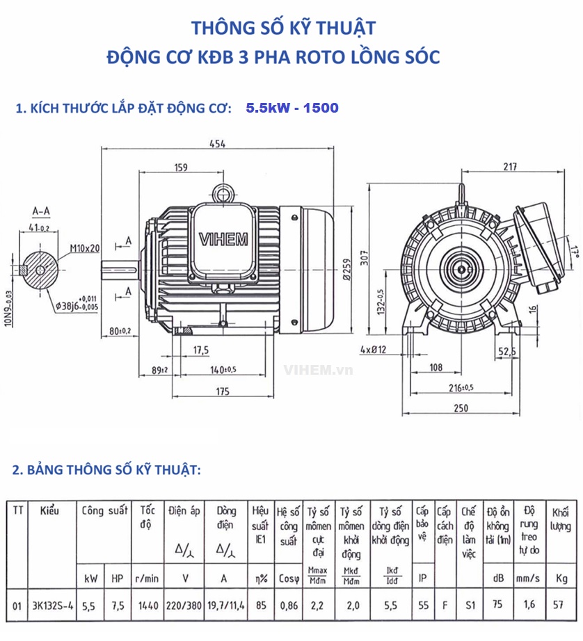 Motor điện HEM VIHEM 5,5kW tốc độ 1440 r/min 