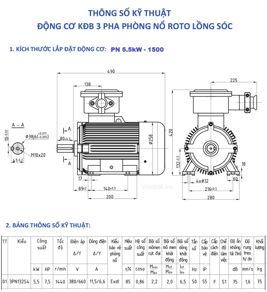 Động cơ phòng nổ 5.5kW (7.5hp) - 1440 r/min 4P