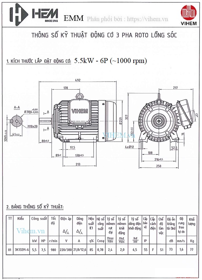 Động cơ điện 5,5kW - 6P (tốc độ 980 ~1000 r/min) HEM VIHEM