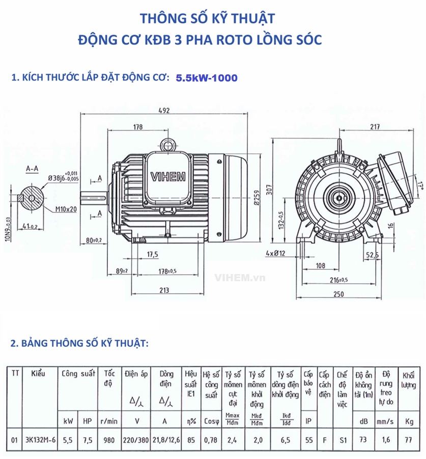 Động cơ điện 5,5kW - 6P (tốc độ 980 ~1000 r/min) HEM VIHEM