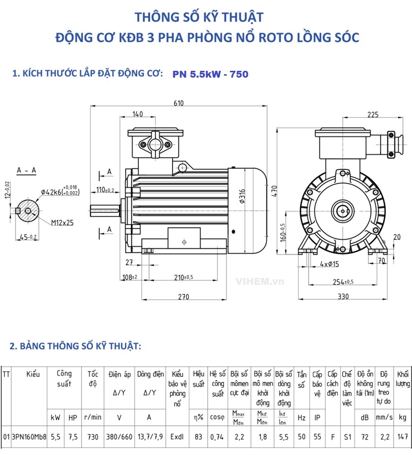 Motor điện phòng nổ 5.5kW tốc độ 730 r/min 8 cực