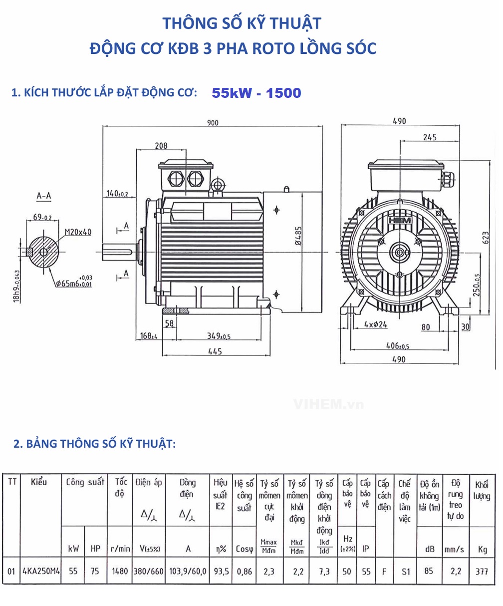 Bản vẽ kỹ thuật Motor 55kW - 4P (tốc độ ~1500 r/min) kiểu 4KA250M4