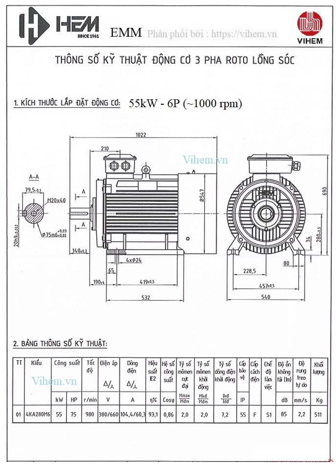 Thông số kỹ thuật & kích thước lắp đặt Motor điện 55kW - 6P (tốc độ 985 ~1000 r/min)