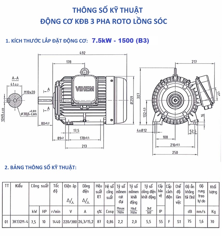 Bản vẽ kỹ thuật Motor điện VIHEM 7,5kW - 4P tốc độ 1460 (1500) r/min 