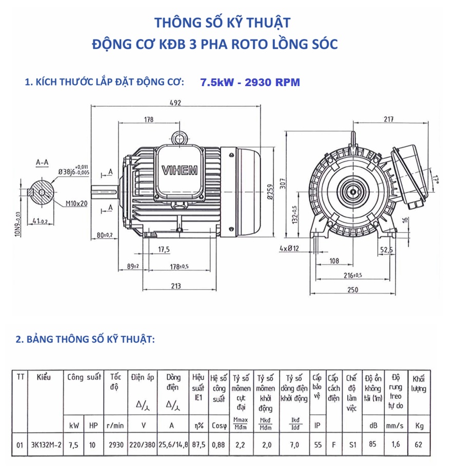 Bản vẽ kỹ thuật Motor điện 7,5kW - 2P (tốc độ ~3000 r/min) HEM EMM chân đế B3