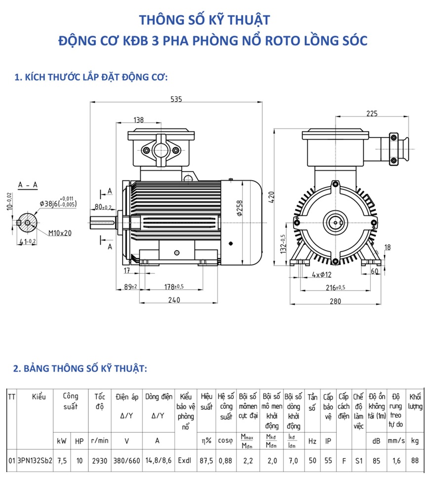 Bản vẽ kỹ thuật động cơ phòng nổ 7.5kW-3000 r/min 2 cực