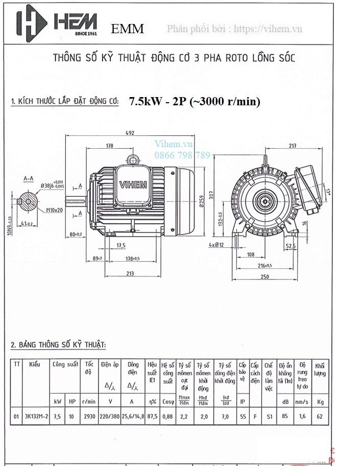Bản vẽ kỹ thuật Motor điện 7,5kW - 2P (tốc độ ~3000 r/min) HEM EMM chân đế B3