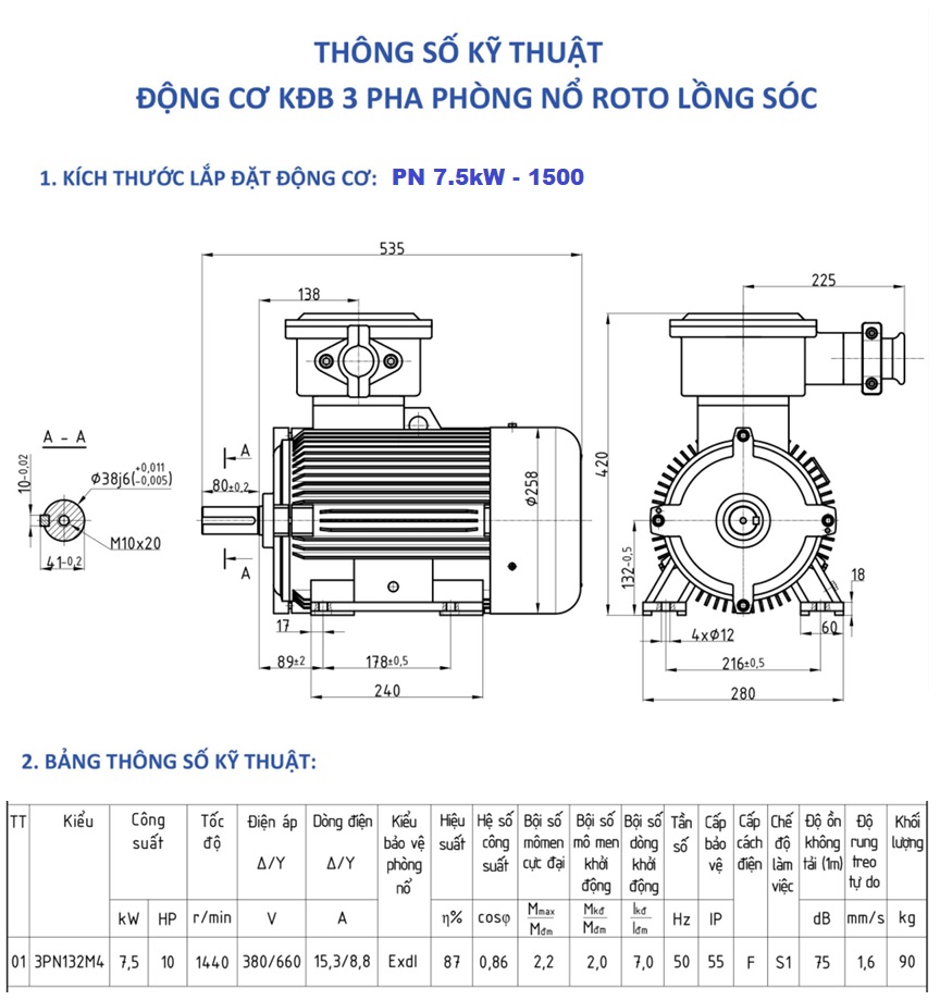 Bản vẽ kỹ thuật motor chống cháy nổ 7.5kW-1500 RPM 4 cực