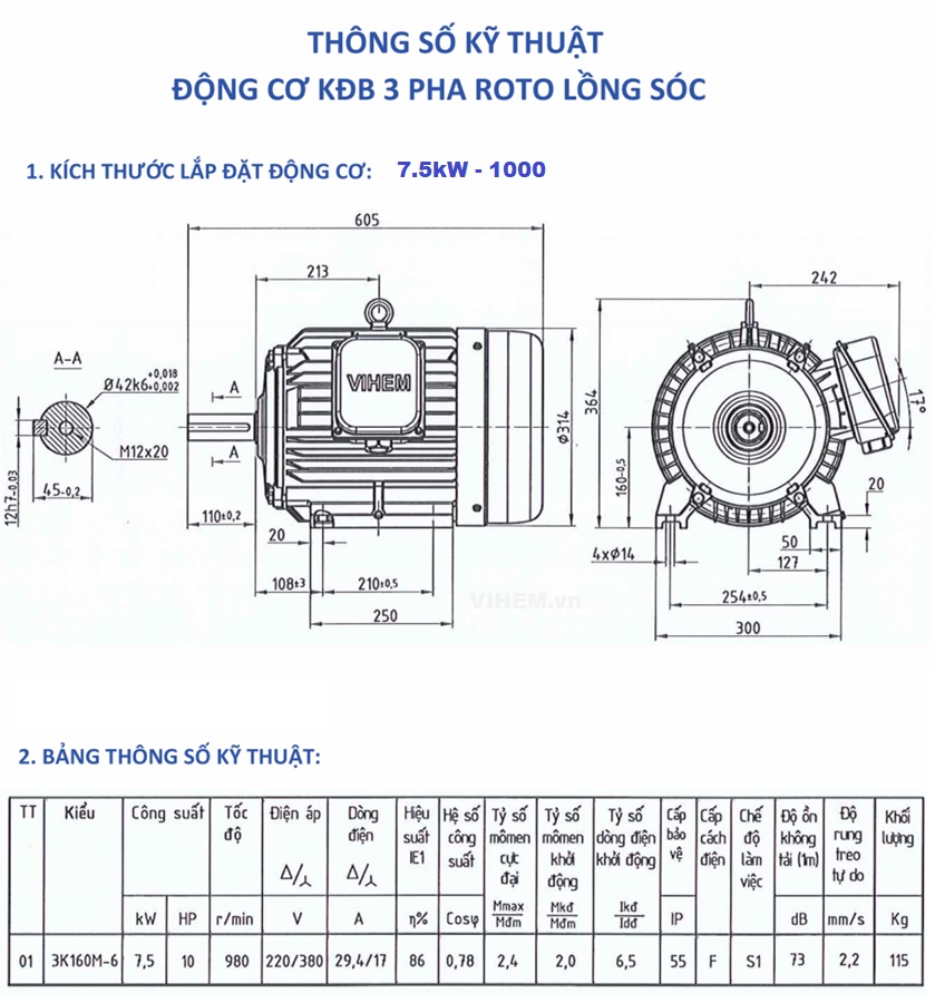 Bản vẽ kỹ thuật Động cơ điện 3 pha 7,5kW - 6P ( tốc độ ~1000 r/min) HEM EMM VIHEM kiểu lắp chân đế B3