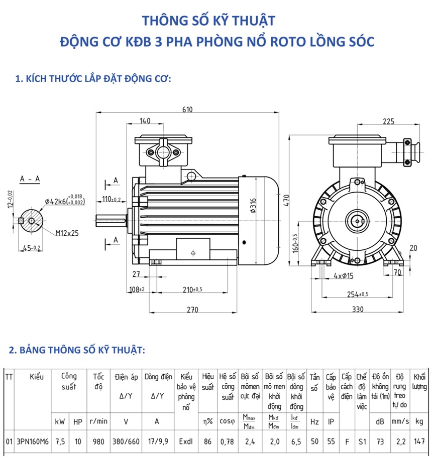 Bản vẽ kỹ thuật động cơ phòng nổ 7.5kW-1000 RPM 6 cực