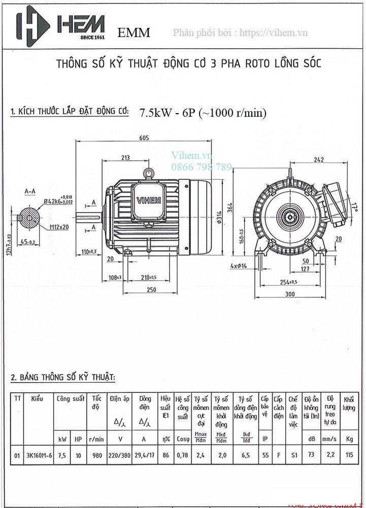 Bản vẽ kỹ thuật Động cơ điện 3 pha 7,5kW  - 6P ( tốc độ ~1000 r/min) HEM EMM VIHEM kiểu lắp chân đế B3