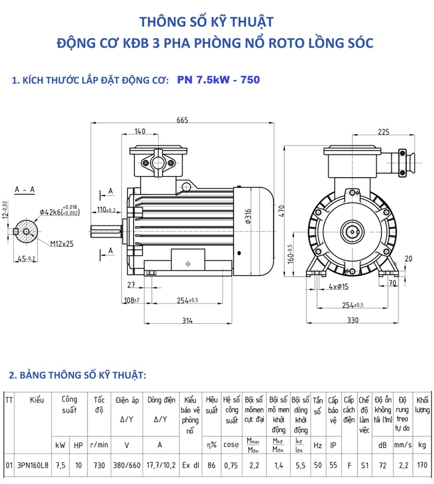 Bản vẽ kỹ thuật motor chống nổ 7.5kW-750 RPM 8 cực