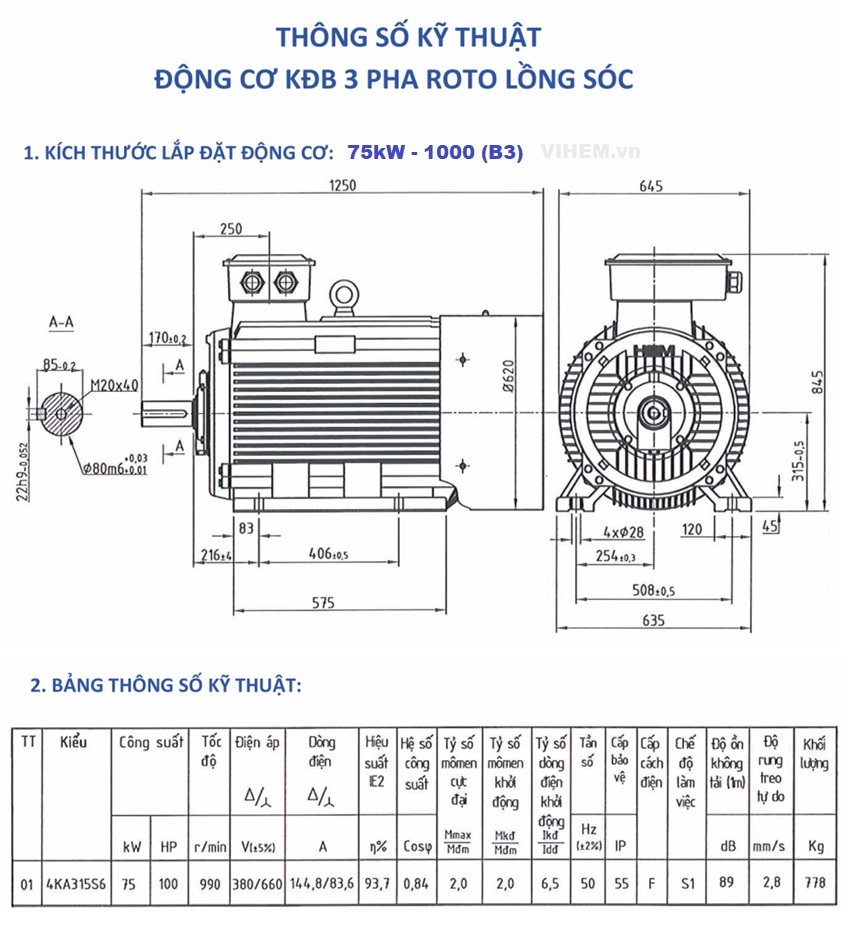 Thông số kỹ thuật và kích thước lắp đặt Động cơ điện 75kW - 6P (tốc độ 990 - 1000 r/min)